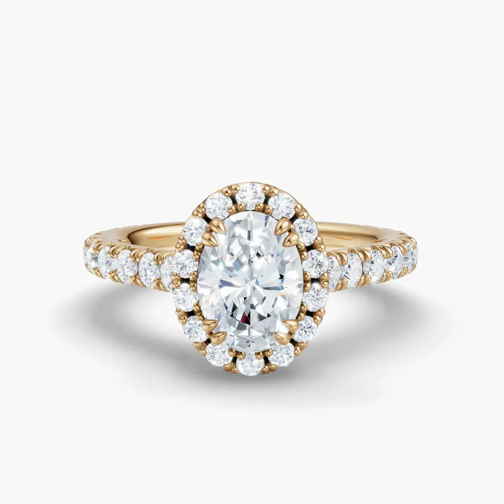 Certified 1 carat Natural Diamond Oval Cut Cathedral, Pavé, Halo Engagement Ring in 14K Yellow Gold-Zaria