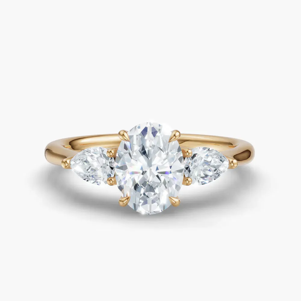 Certified 1 carat Natural Diamond Oval Cut Three Stone, Side Stone, Low profile Engagement Ring in 14K Yellow Gold-Hailu