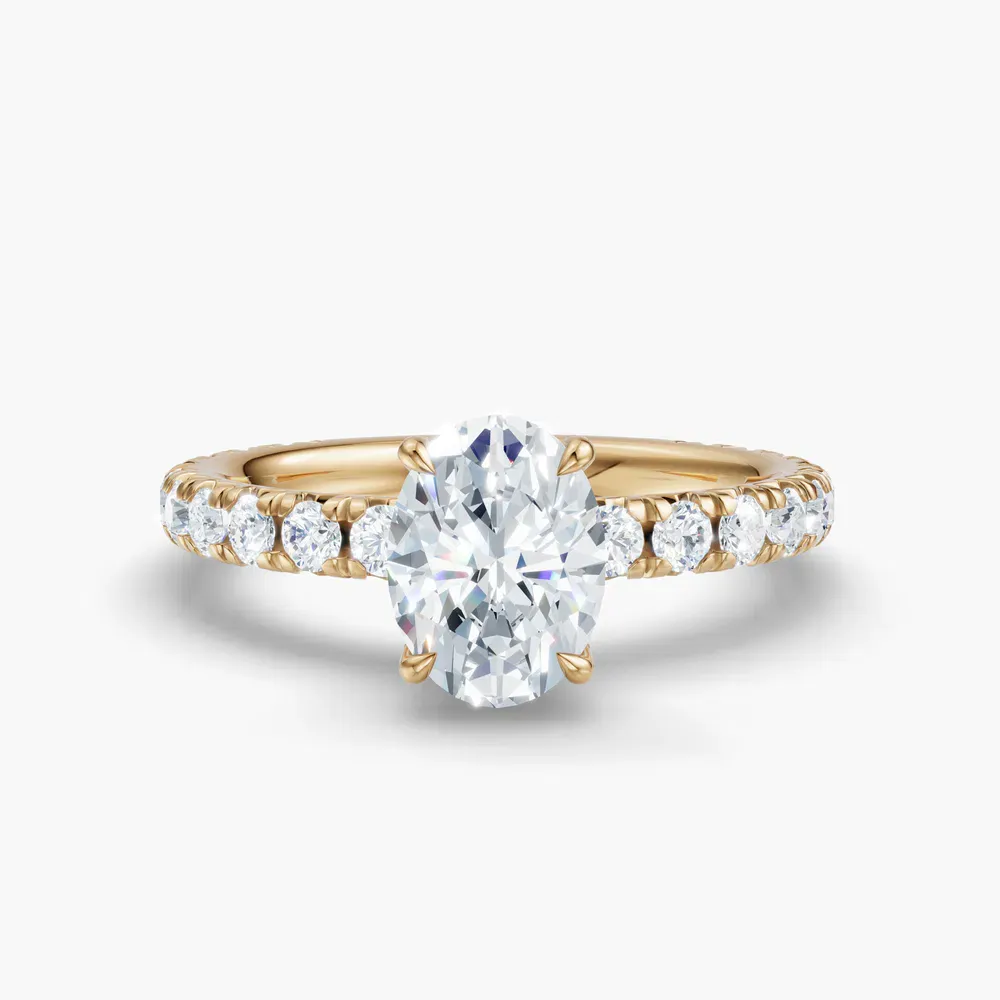 Certified 1 carat Natural Diamond Oval Cut Pavé, Hidden Halo, Low profile Engagement Ring in 14K Yellow Gold-Cyrra