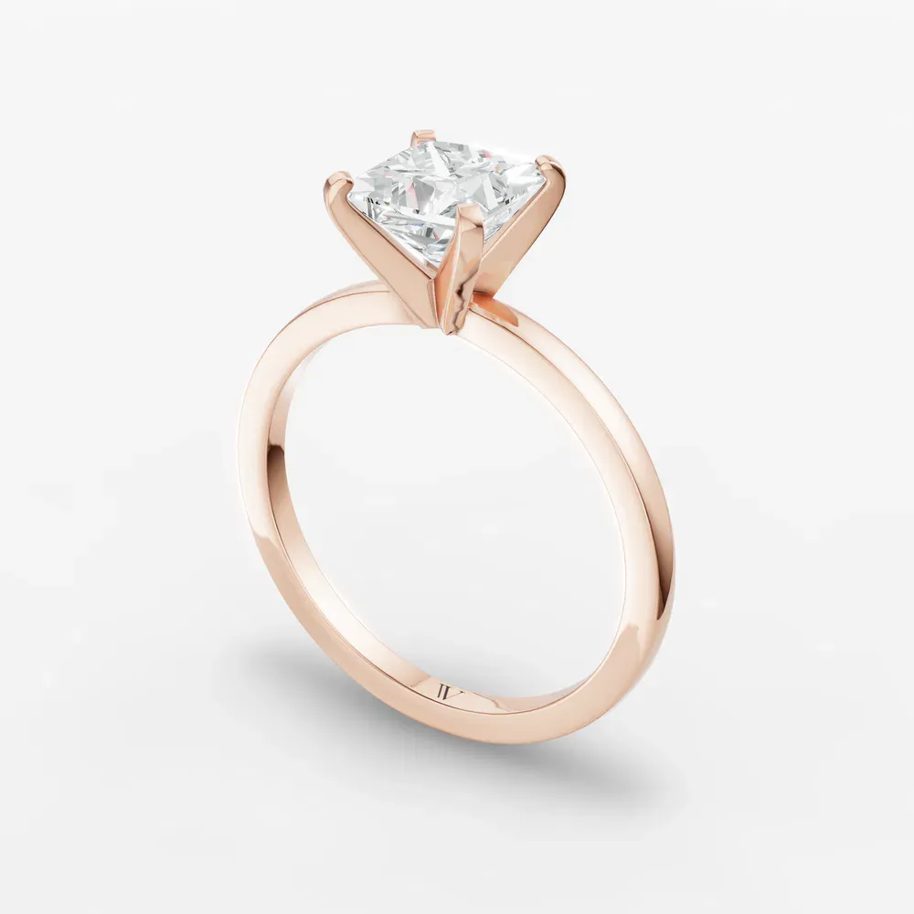 Certified 1 carat Natural Diamond Princess Cut Solitaire, Classic, Simple Engagement Ring in 14K Rose Gold-Cara