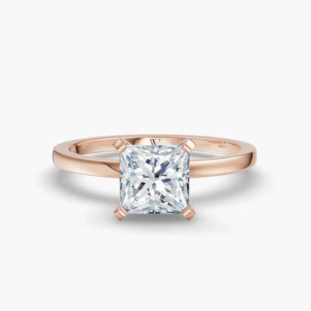 Certified 1 carat Natural Diamond Princess Cut Solitaire, Classic, Simple Engagement Ring in 14K Rose Gold-Cara