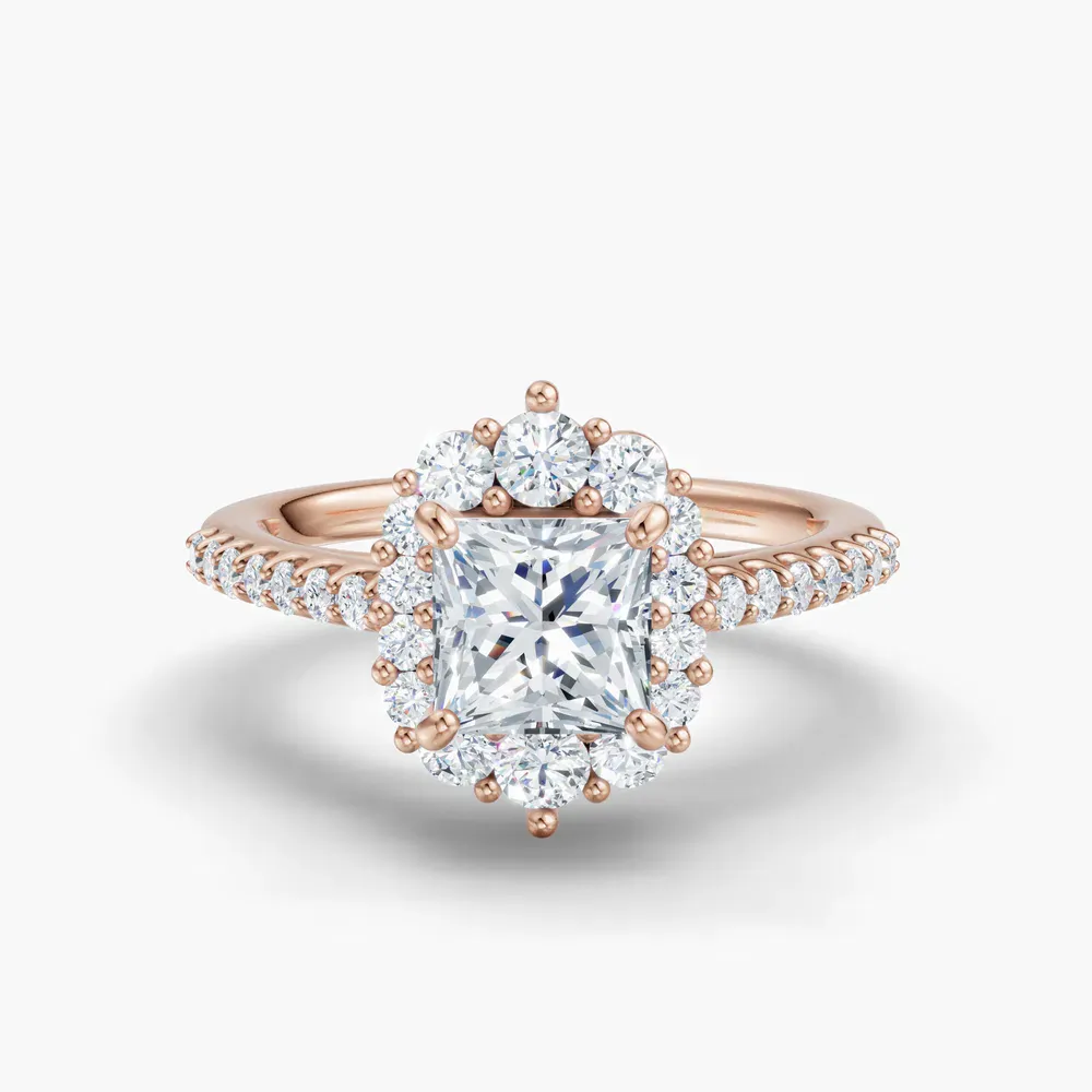 Certified 1 carat Natural Diamond Princess Cut Pavé, Halo, Cathedral Engagement Ring in 14K Rose Gold-Mirey