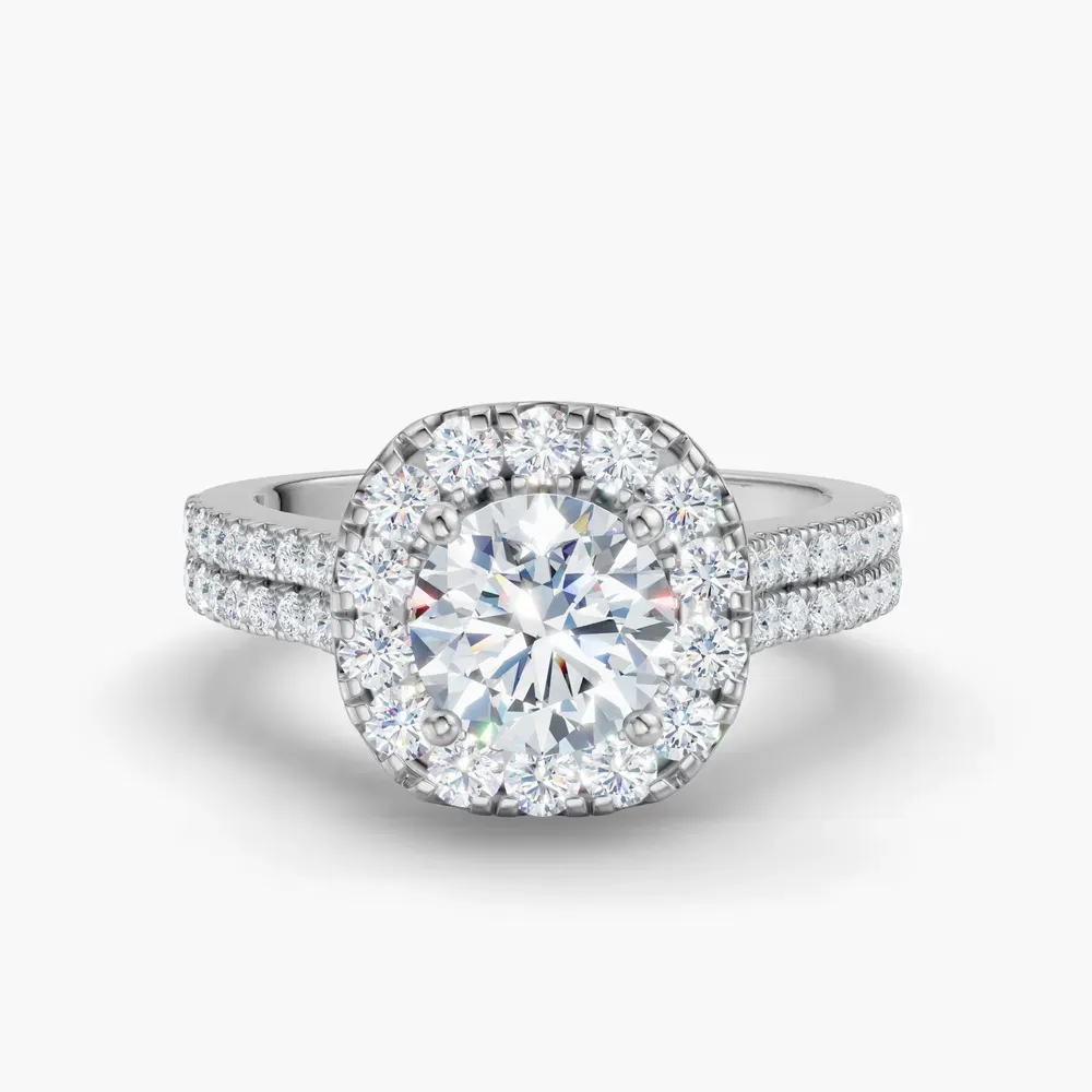 Certified 1 carat Natural Diamond Round Cut Pavé, Halo, Cathedral Engagement Ring in 14K White Gold-Maelis