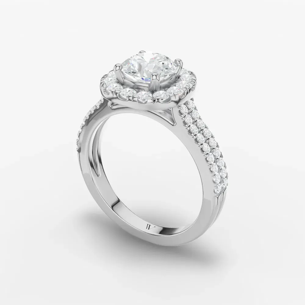 Certified 1 carat Natural Diamond Round Cut Pavé, Halo, Cathedral Engagement Ring in 14K White Gold-Maelis