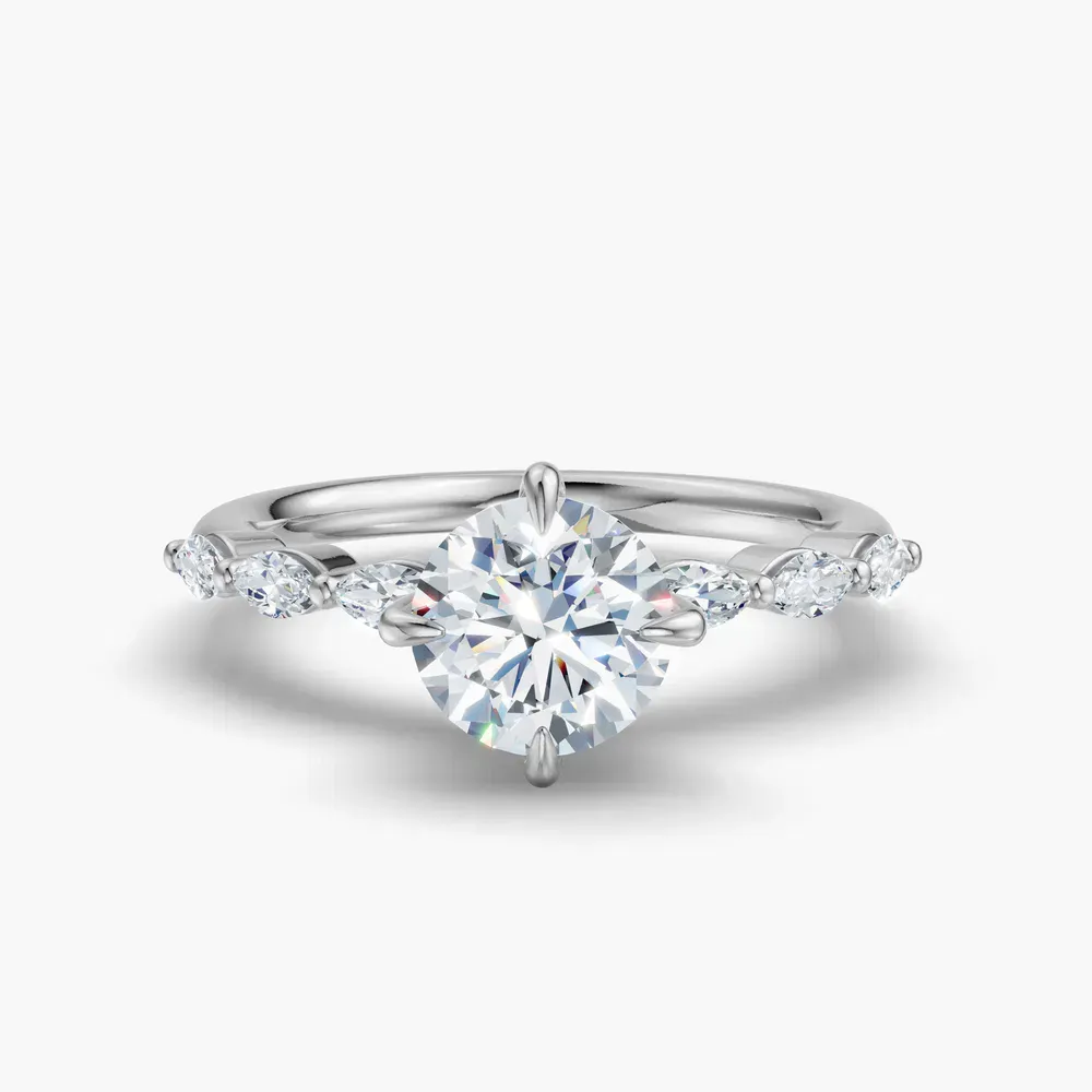 Certified 1 carat Natural Diamond Round Cut Four Prong, Side Stone Engagement Ring in 14K White Gold-Garo