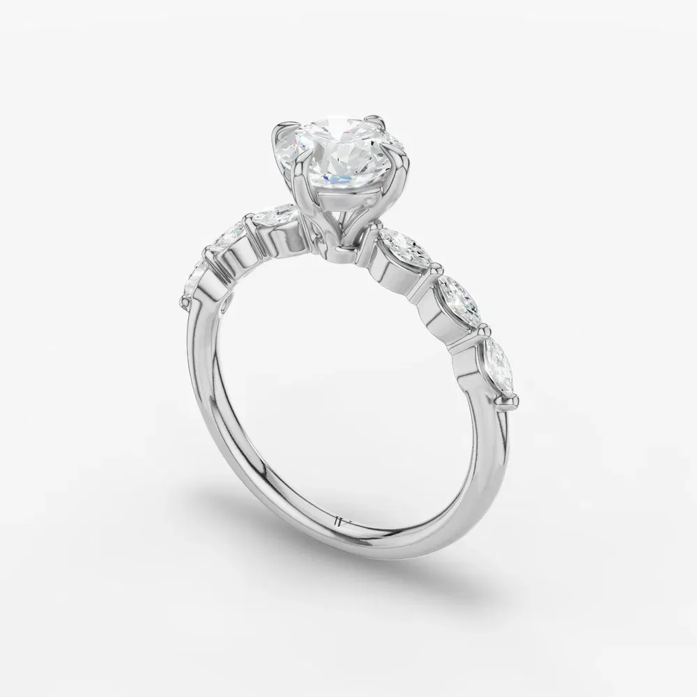 Certified 1 carat Natural Diamond Round Cut Four Prong, Side Stone Engagement Ring in 14K White Gold-Garo