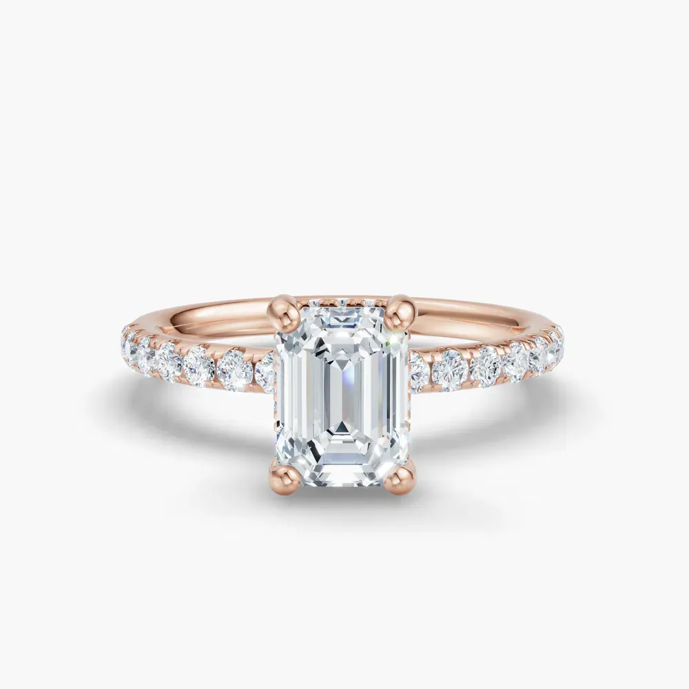 Certified 1 carat Natural Diamond Emerald Cut Pavé, Hidden Halo Engagement Ring in 14K Rose Gold-Decna