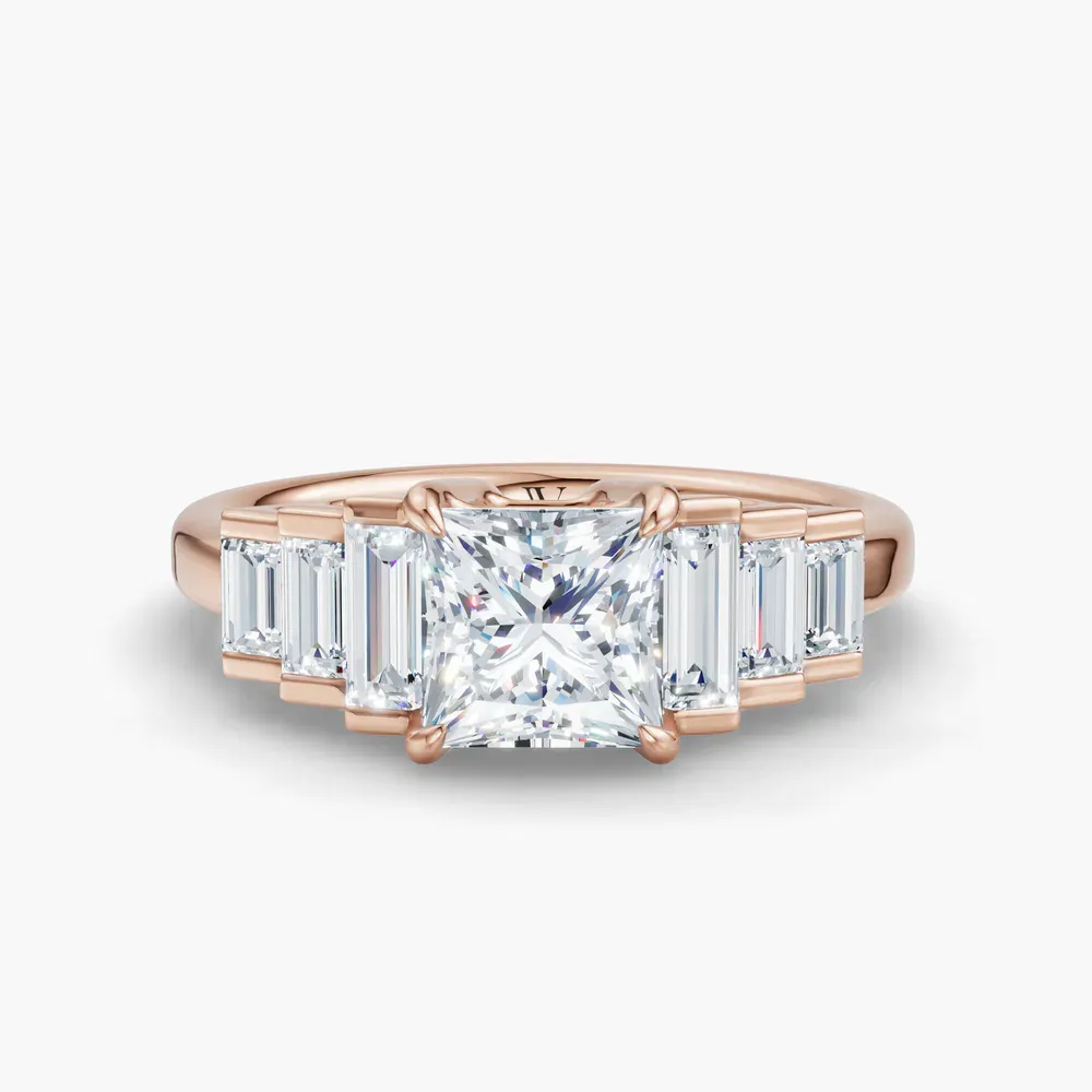 Certified 1 carat Natural Diamond Princess Cut Baguette, Art Deco, Side Stone Engagement Ring in 14K Rose Gold-Zepy