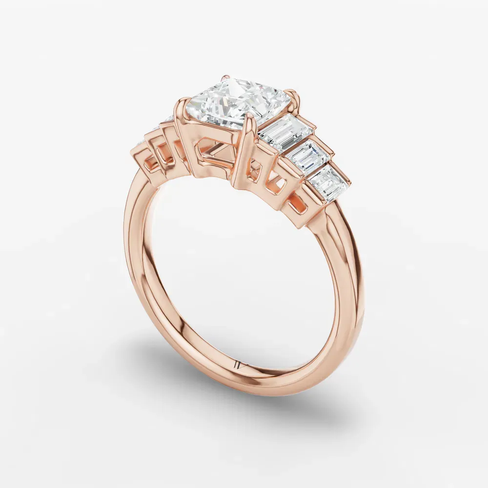 Certified 1 carat Natural Diamond Princess Cut Baguette, Art Deco, Side Stone Engagement Ring in 14K Rose Gold-Zepy