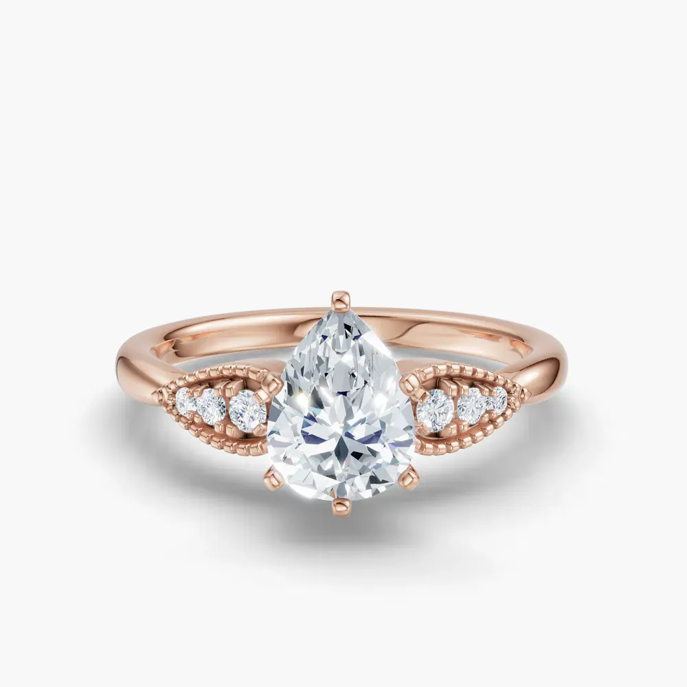 Certified 1 carat Natural Diamond Pear Cut Milgrain, Vintage, Side Stone Engagement Ring in 14K Rose Gold-Yerlin