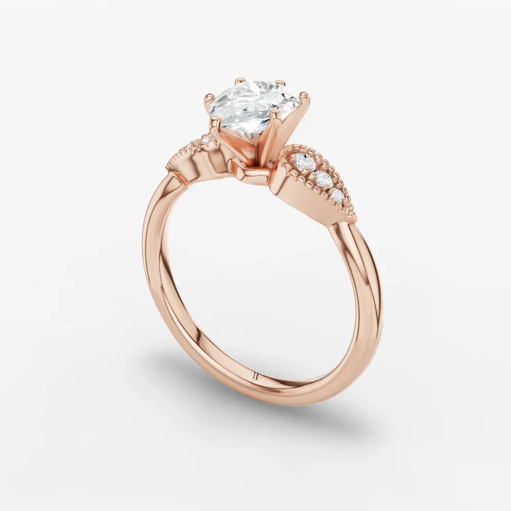 Certified 1 carat Natural Diamond Pear Cut Milgrain, Vintage, Side Stone Engagement Ring in 14K Rose Gold-Yerlin