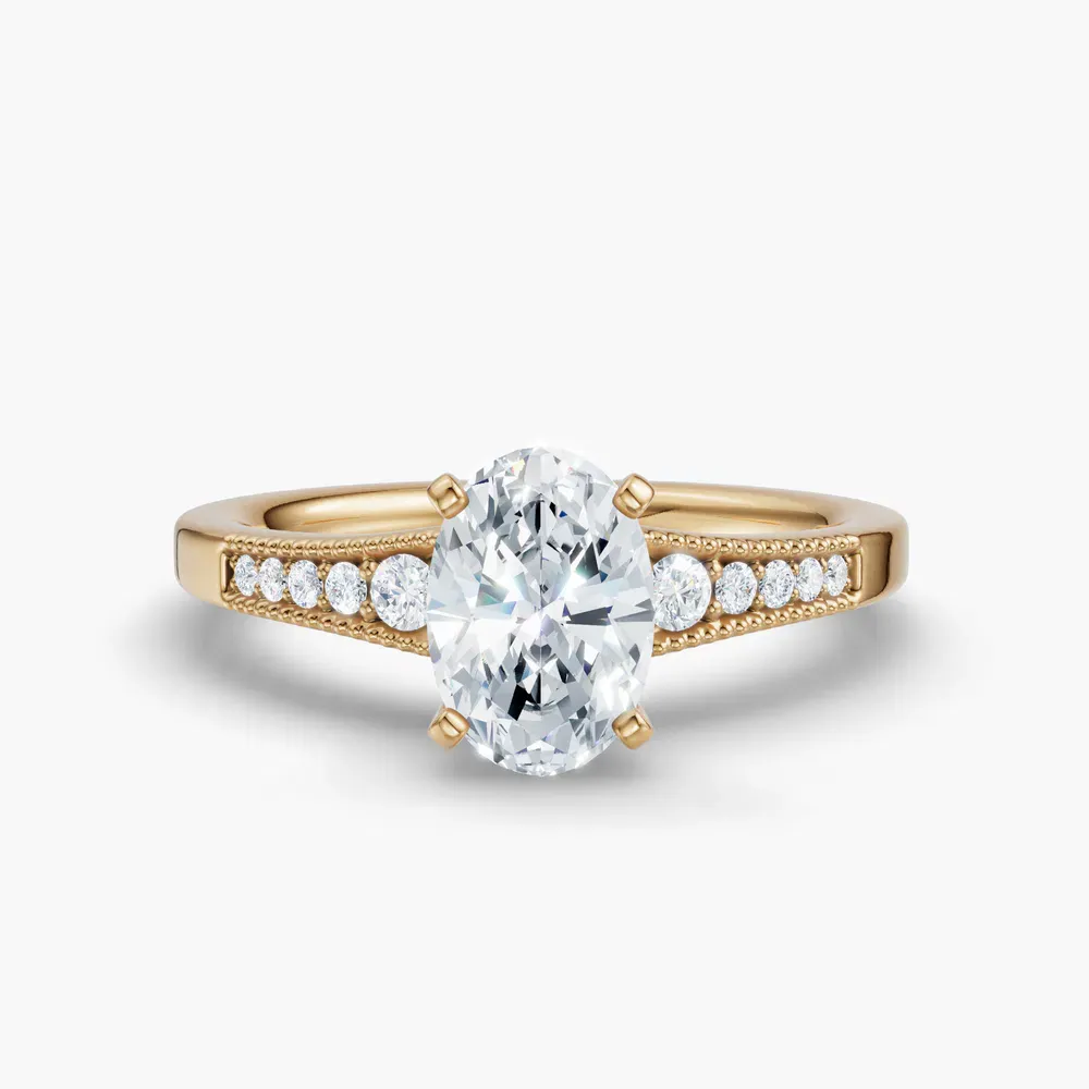 Certified 1 carat Natural Diamond Oval Cut Milgrain, Pavé, Side Stone Engagement Ring in 14K Yellow Gold-Rosca