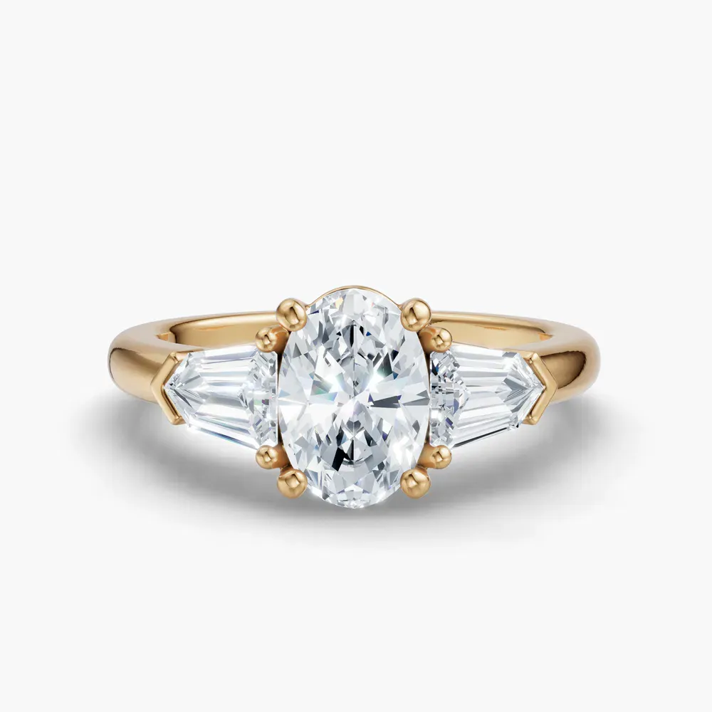Certified 1 carat Natural Diamond Oval Cut Three Stone, Side Stone Engagement Ring in 14K Yellow Gold-Lyris