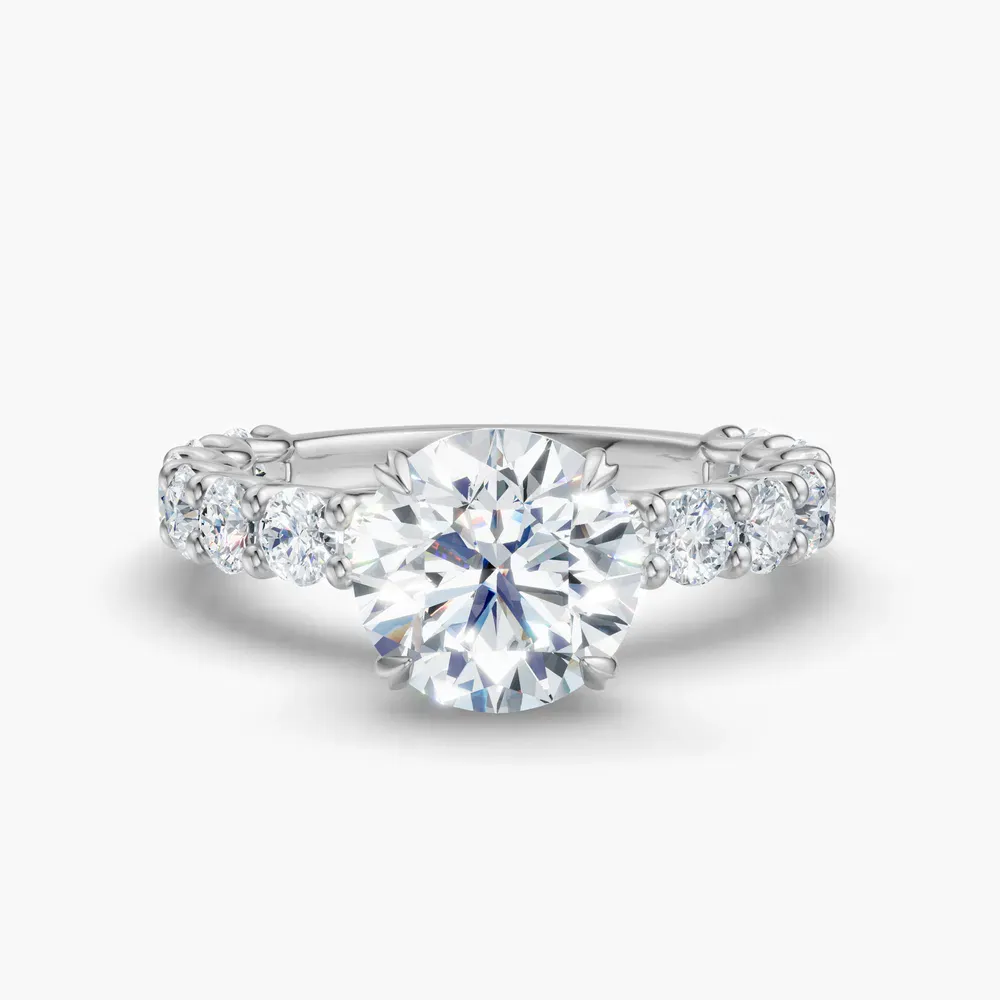 Certified 1 carat Natural Diamond Round Cut Hidden Halo, Side Stone, Four Prong Engagement Ring in 14K White Gold-Miro