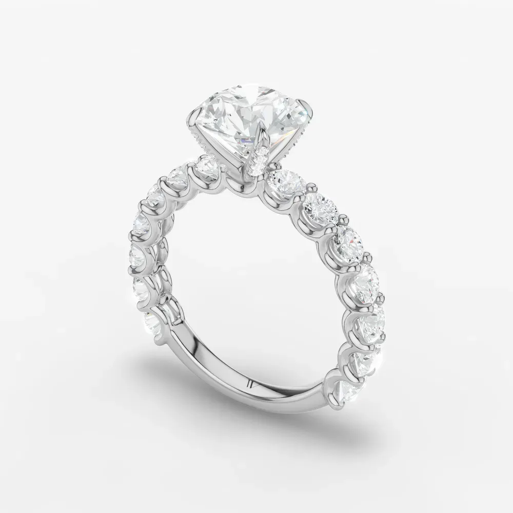 Certified 1 carat Natural Diamond Round Cut Hidden Halo, Side Stone, Four Prong Engagement Ring in 14K White Gold-Miro