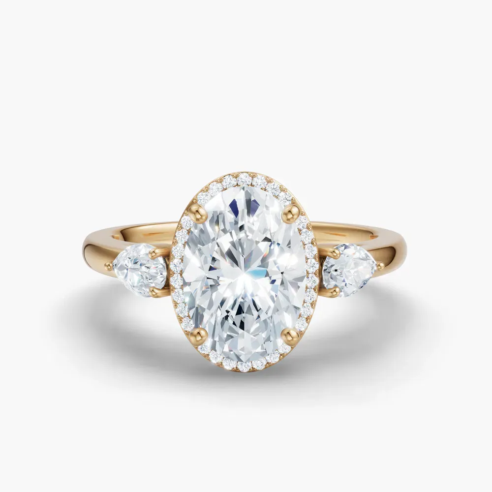 Certified 1 carat Natural Diamond Oval Cut Halo, Cathedral, Three Stone Engagement Ring in 14K Yellow Gold-Daren