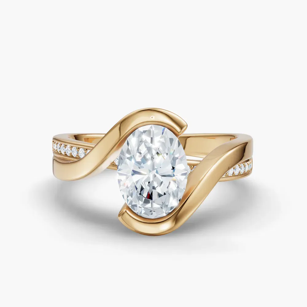 Certified 1 carat Natural Diamond Oval Cut Bezel, Modern, Split Shank Engagement Ring in 14K Yellow Gold-Elara
