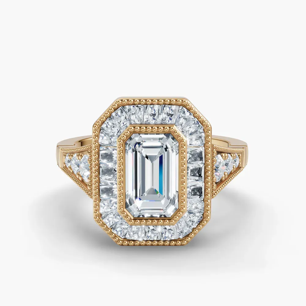 Certified 1 carat Natural Diamond Emerald Cut Art Deco, Baguette, Milgrain Engagement Ring in 14K Yellow Gold-Luxen