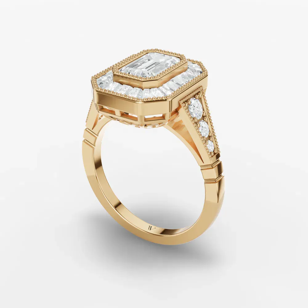 Certified 1 carat Natural Diamond Emerald Cut Art Deco, Baguette, Milgrain Engagement Ring in 14K Yellow Gold-Luxen