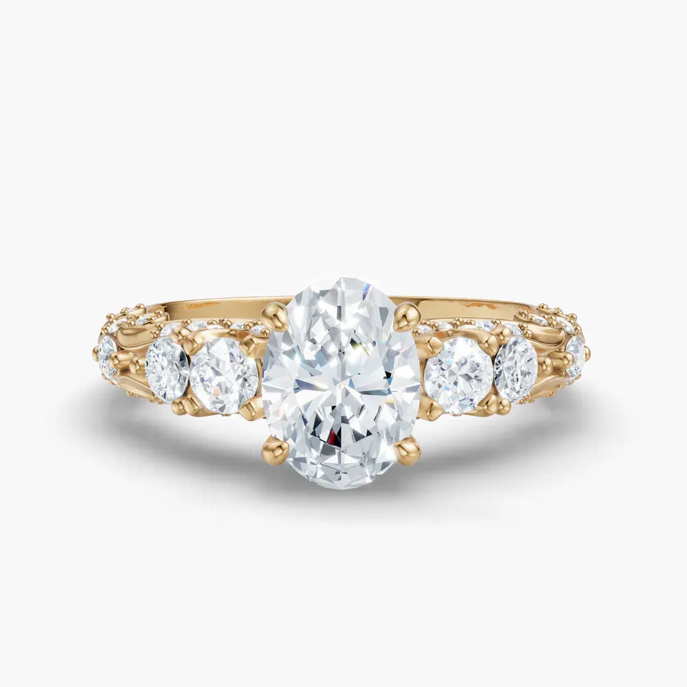 Certified 1 carat Natural Diamond Oval Cut Hidden Halo, Unique, Side Stone Engagement Ring in 14K Yellow Gold-Marinia