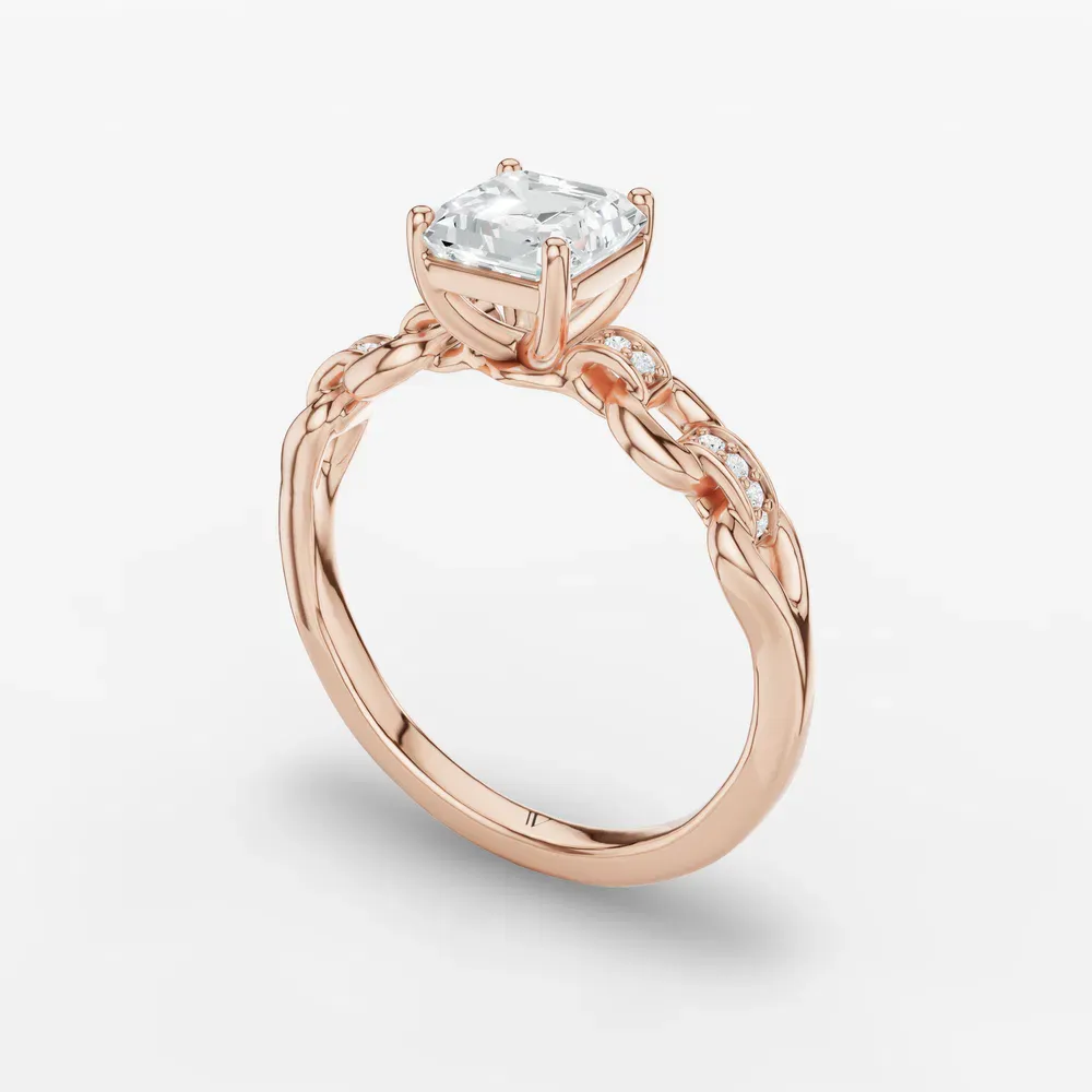 Certified 1 carat Natural Diamond Asscher Cut Twist, Unique, Side Stone Engagement Ring in 14K Rose Gold-Perenne
