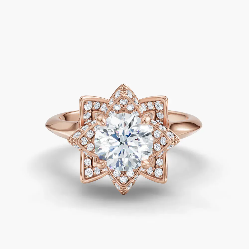 Certified 1 carat Natural Diamond Round Cut Floral, Pavé, Nature inspired Engagement Ring in 14K Rose Gold-Marova