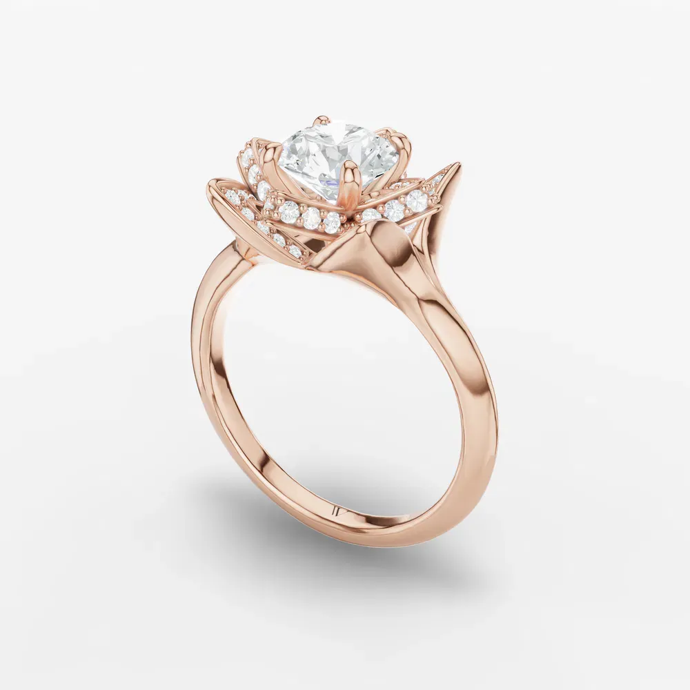 Certified 1 carat Natural Diamond Round Cut Floral, Pavé, Nature inspired Engagement Ring in 14K Rose Gold-Marova