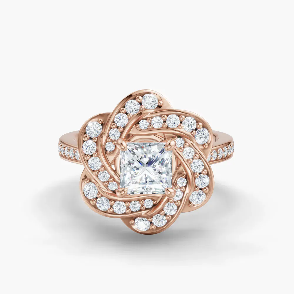 Certified 1 carat Natural Diamond Princess Cut Floral, Nature inspired, Cathedral Engagement Ring in 14K Rose Gold-Vorina