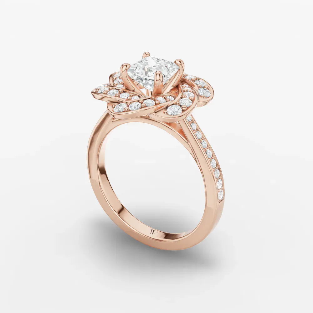 Certified 1 carat Natural Diamond Princess Cut Floral, Nature inspired, Cathedral Engagement Ring in 14K Rose Gold-Vorina