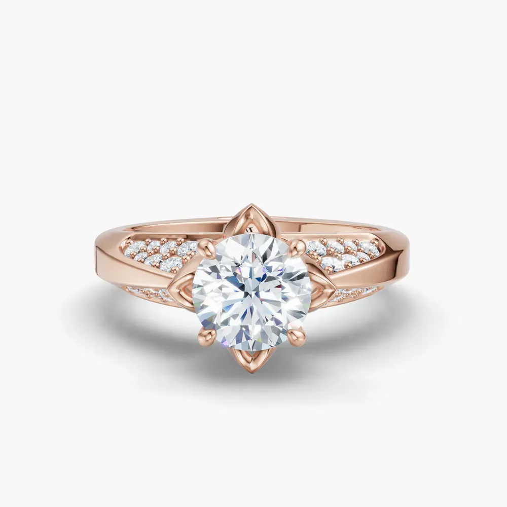 Certified 1 carat Natural Diamond Round Cut Nature inspired, Floral, Vintage Engagement Ring in 14K Rose Gold-Tulip