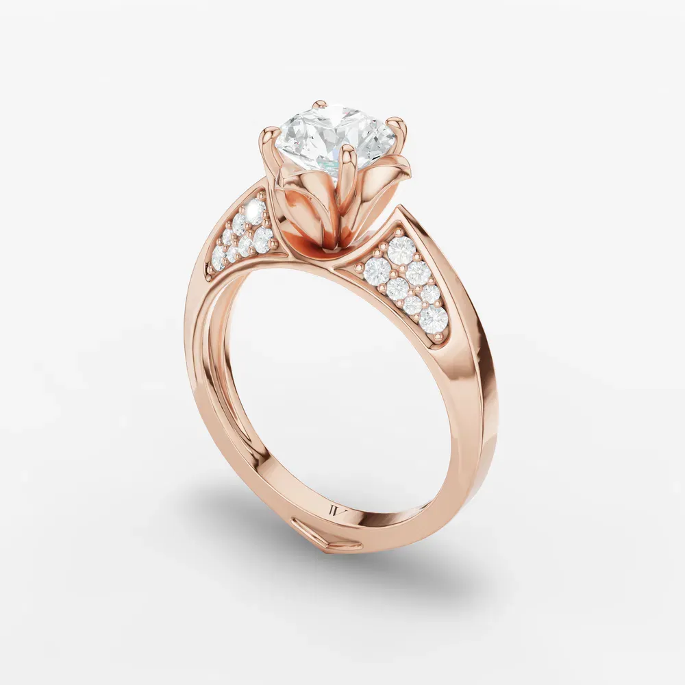 Certified 1 carat Natural Diamond Round Cut Nature inspired, Floral, Vintage Engagement Ring in 14K Rose Gold-Tulip