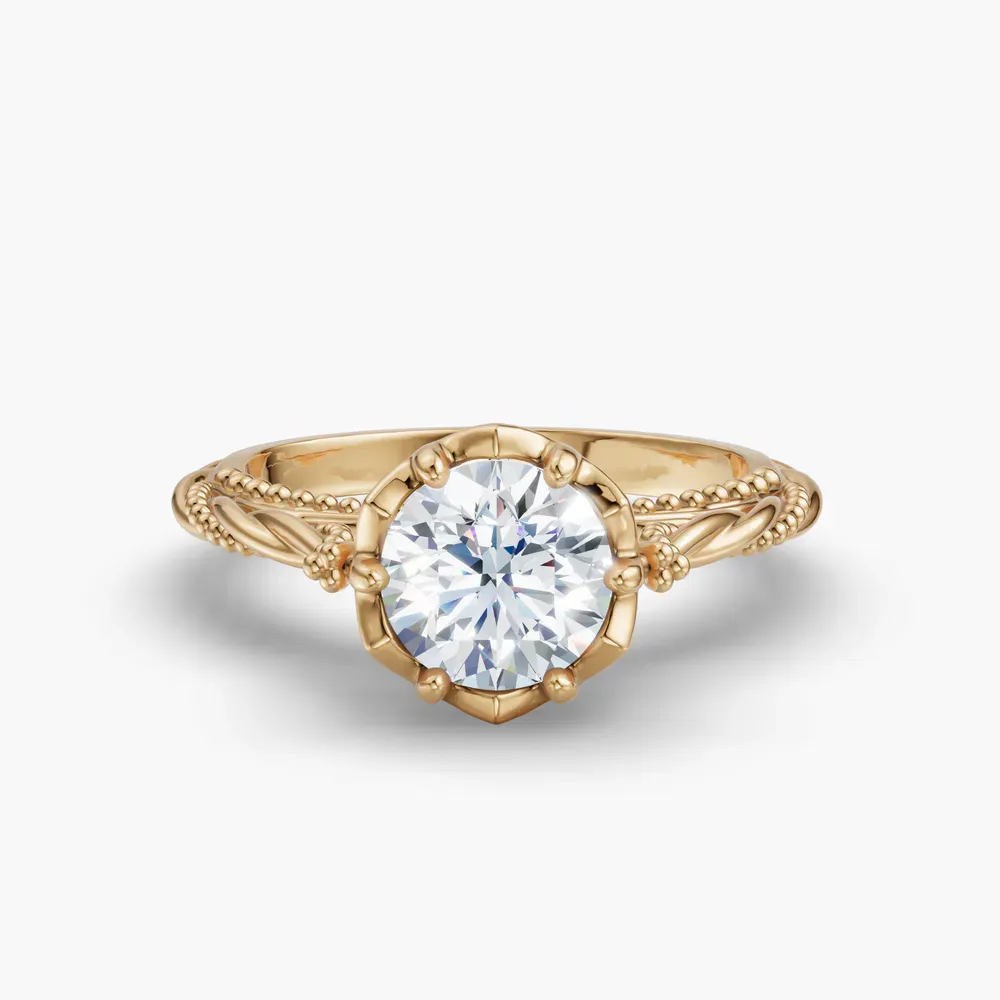 Certified 1 carat Natural Diamond Round Cut Solitaire, Milgrain, Vintage Engagement Ring in 14K Yellow Gold-Thistle