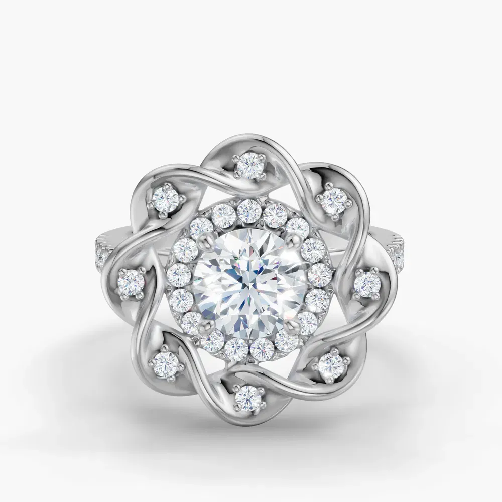 Certified 1 carat Natural Diamond Round Cut Floral, Double halo, Twist Engagement Ring in 14K White Gold-Pebble