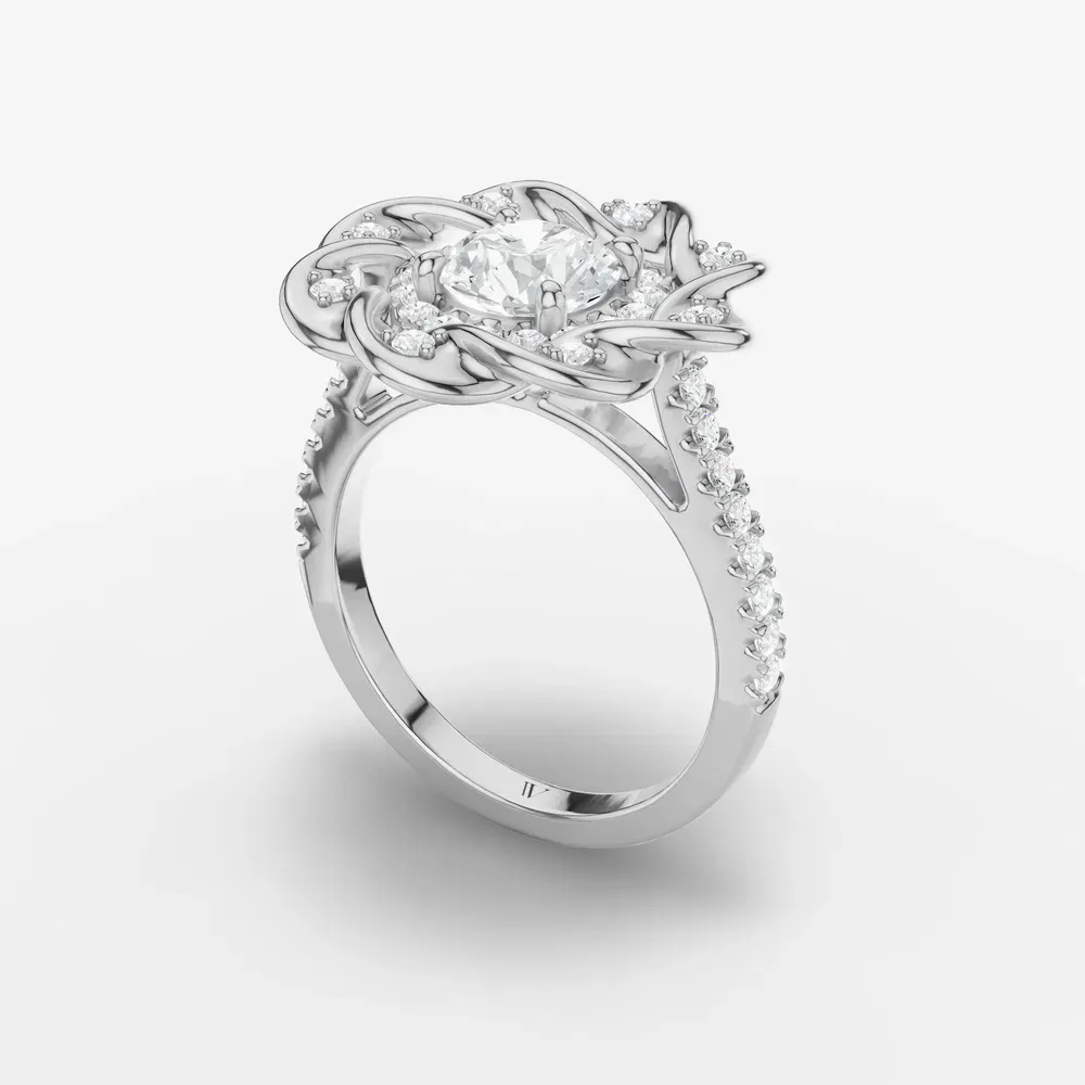 Certified 1 carat Natural Diamond Round Cut Floral, Double halo, Twist Engagement Ring in 14K White Gold-Pebble