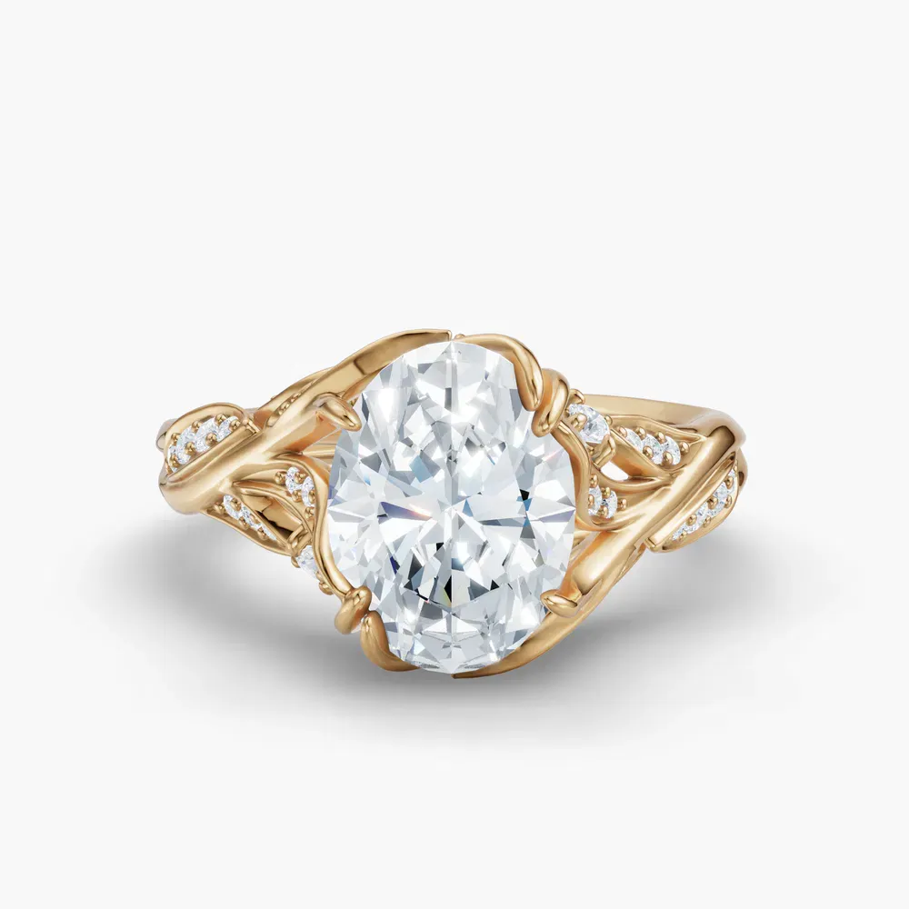 Certified 2 carat Natural Diamond Oval Cut Nature inspired, Twist, Pavé Engagement Ring in 14K Yellow Gold-Hush