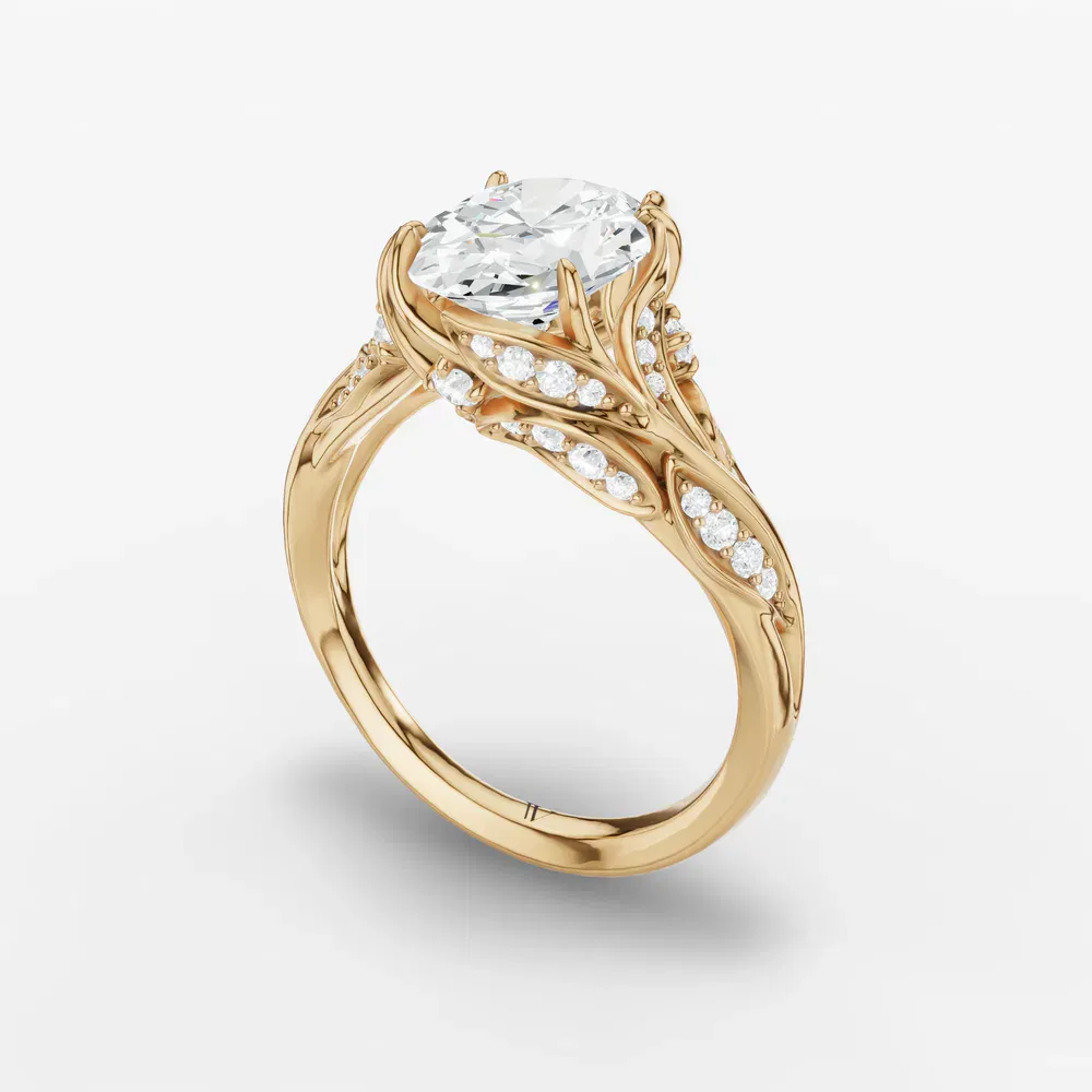 Certified 2 carat Natural Diamond Oval Cut Nature inspired, Twist, Pavé Engagement Ring in 14K Yellow Gold-Hush