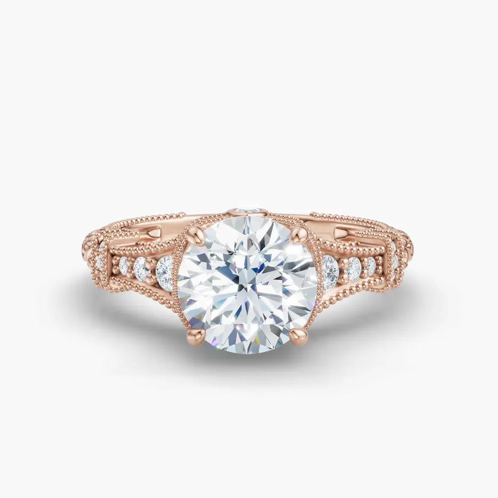 Certified 1 carat Natural Diamond Round Cut Vintage, Hidden Halo, Nature inspired Engagement Ring in 14K Rose Gold-Whisper