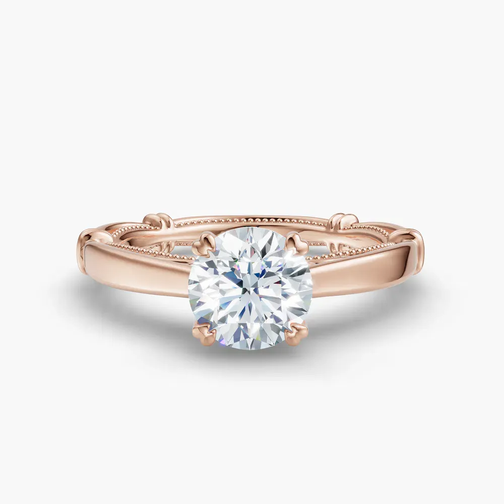 Certified 1 carat Natural Diamond Round Cut Vintage, Milgrain, Nature inspired Engagement Ring in 14K Rose Gold-Qoxi