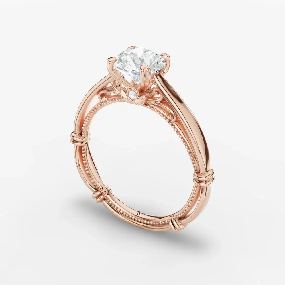 Certified 1 carat Natural Diamond Round Cut Vintage, Milgrain, Nature inspired Engagement Ring in 14K Rose Gold-Qoxi