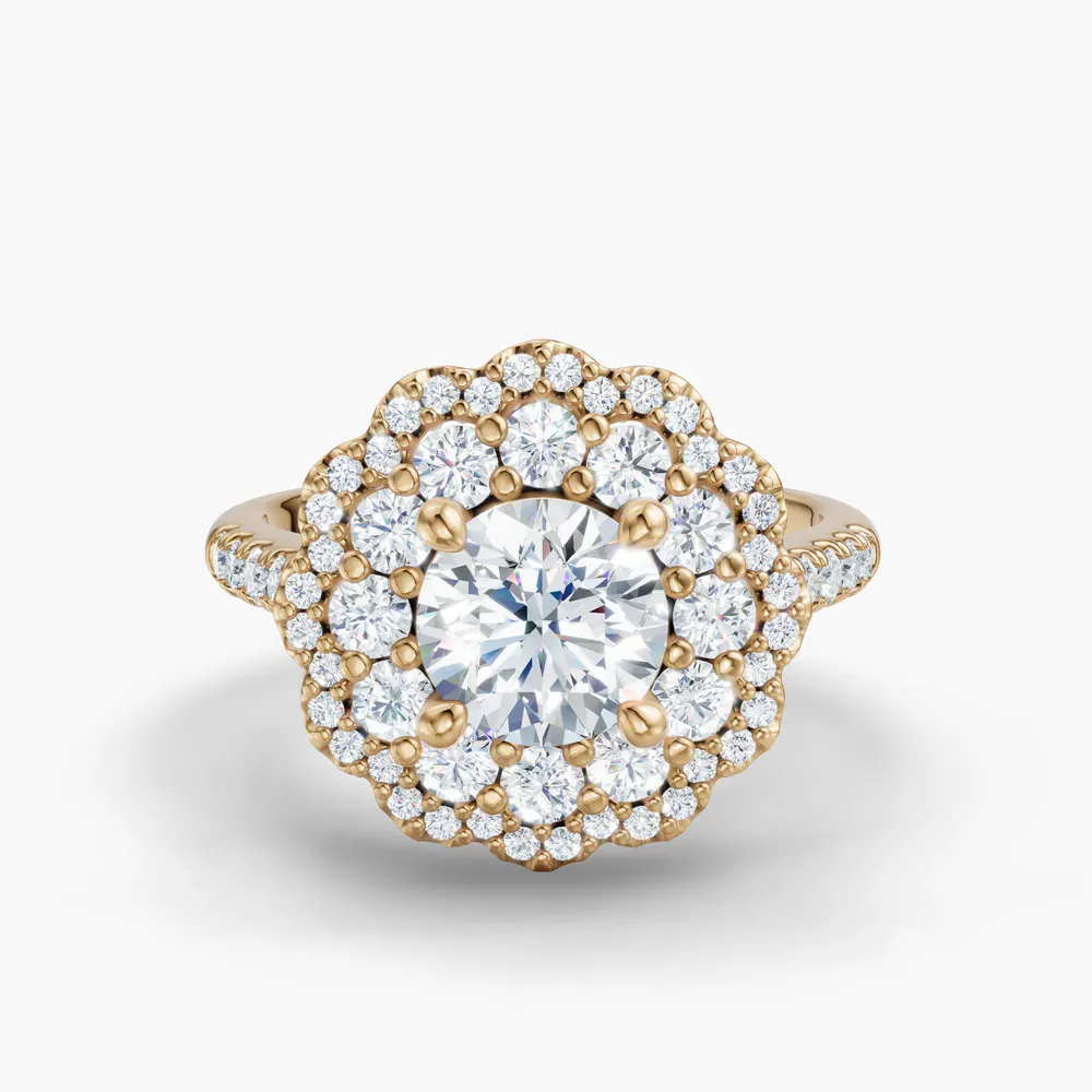 Certified 1 carat Natural Diamond Round Cut Double halo, Cathedral, Nature inspired Engagement Ring in 14K Yellow Gold-Hiveli