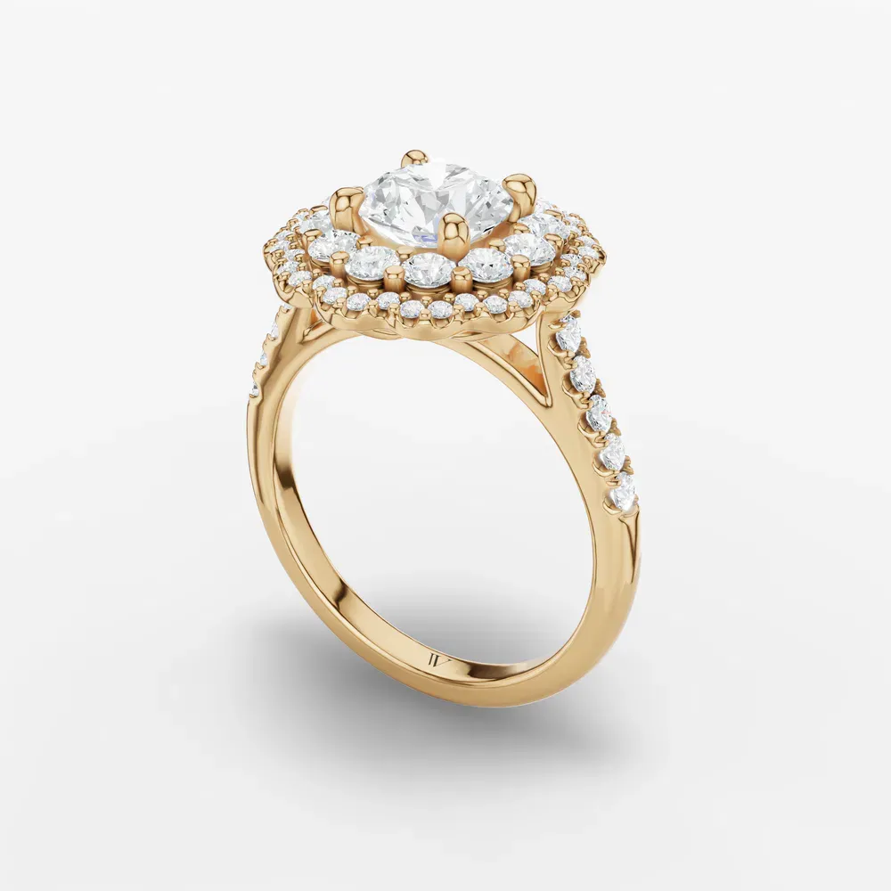 Certified 1 carat Natural Diamond Round Cut Double halo, Cathedral, Nature inspired Engagement Ring in 14K Yellow Gold-Hiveli
