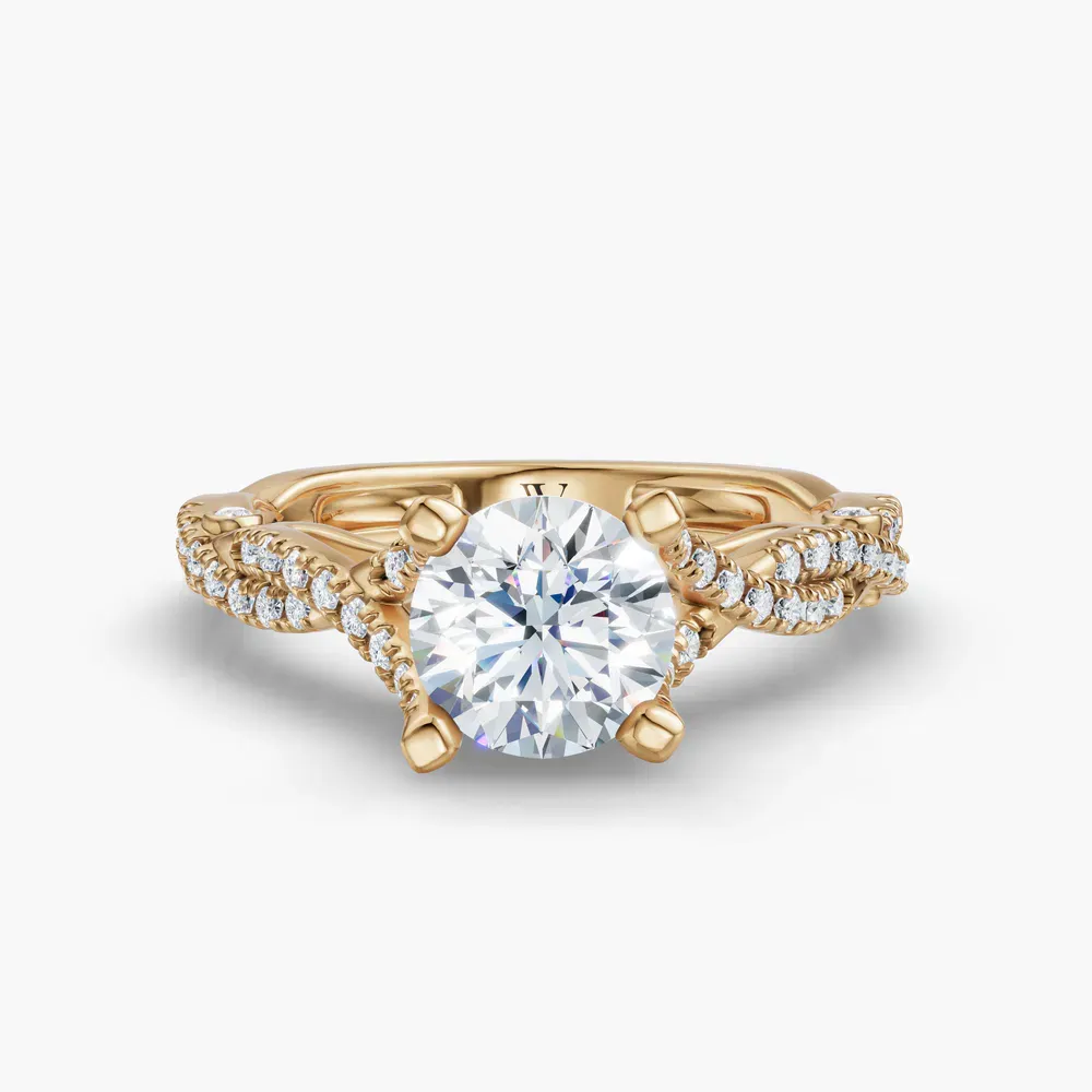 Certified 1 carat Natural Diamond Round Cut Pavé, Twist, Split Shank Engagement Ring in 14K Yellow Gold-Firova