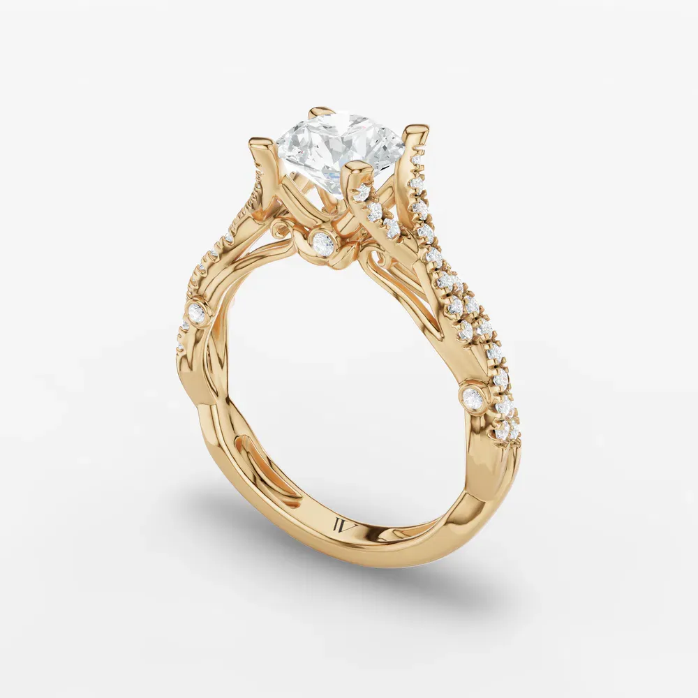 Certified 1 carat Natural Diamond Round Cut Pavé, Twist, Split Shank Engagement Ring in 14K Yellow Gold-Firova