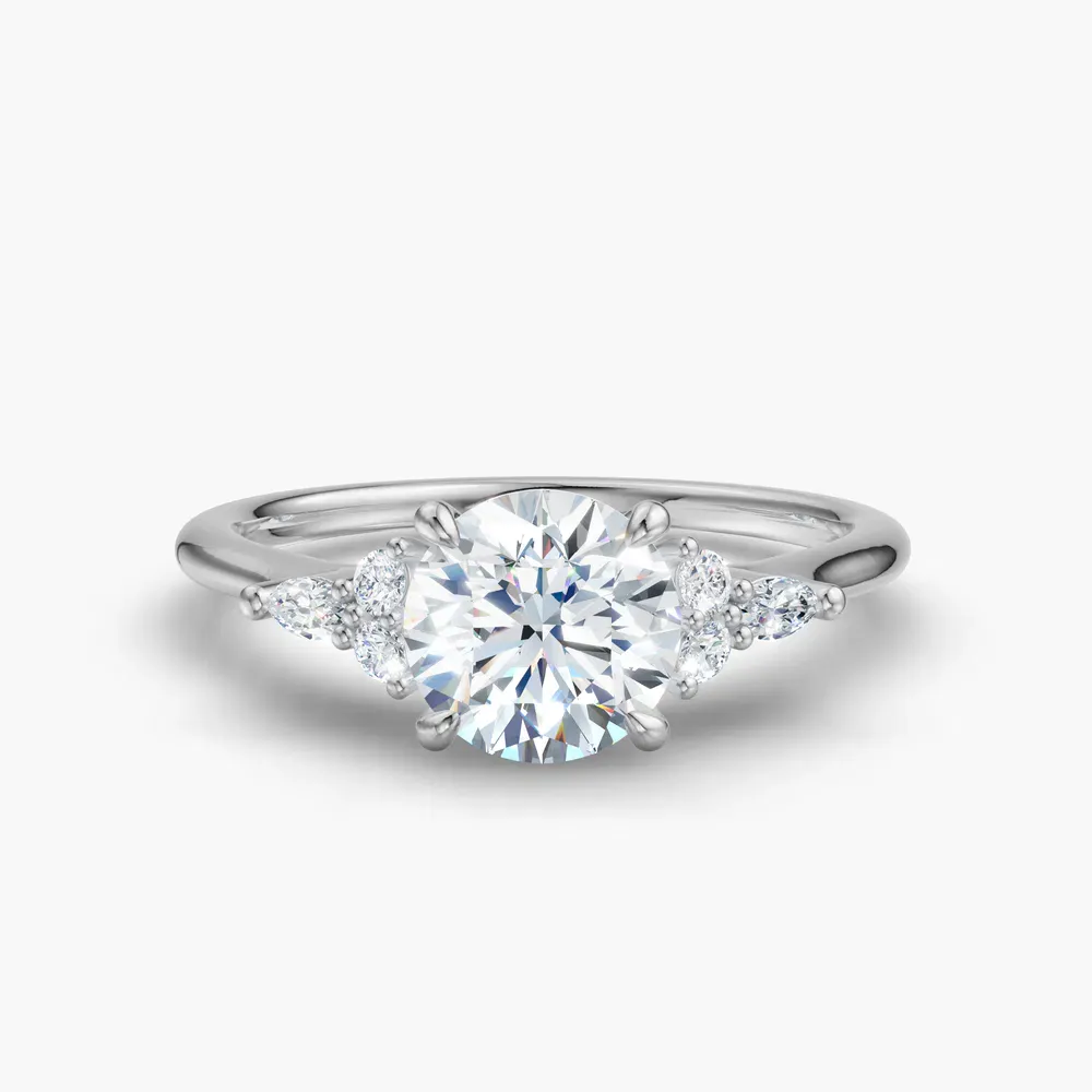 Certified 1 carat Lab Grown Diamond Round Cut Classic, Side Stone, Four Prong Engagement Ring in 14K White Gold-Sprig