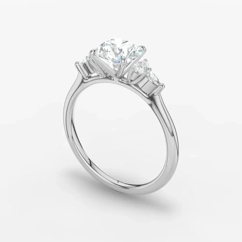 Certified 1 carat Lab Grown Diamond Round Cut Classic, Side Stone, Four Prong Engagement Ring in 14K White Gold-Sprig