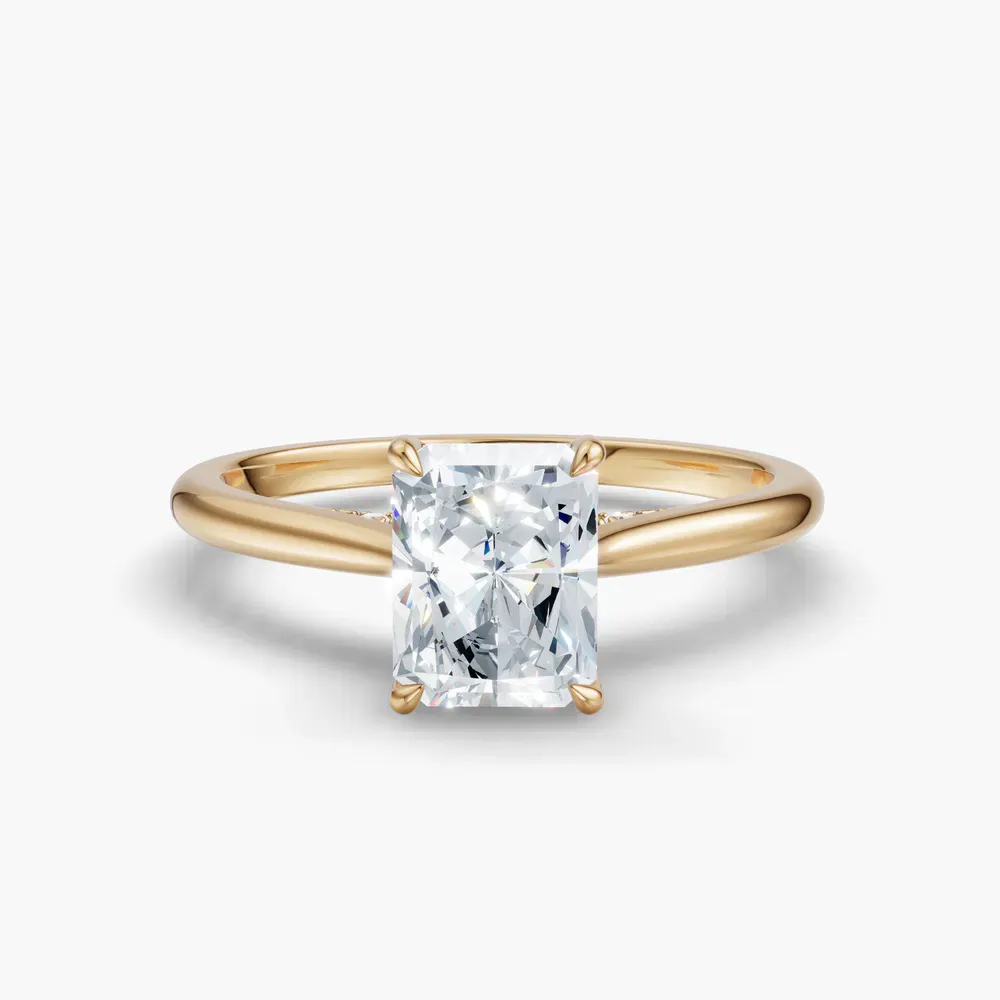 Certified 1 carat Lab Grown Diamond Radiant Cut Hidden Halo, Cathedral, Solitaire Engagement Ring in 14K Yellow Gold-Wrenq